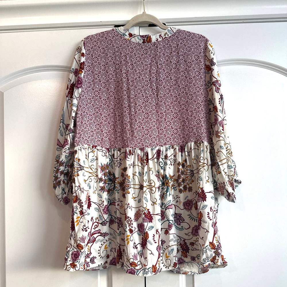 Signature Studios Size 1X Floral and Lace Tie Up Boho Babydoll Blouse - Picture 4 of 5